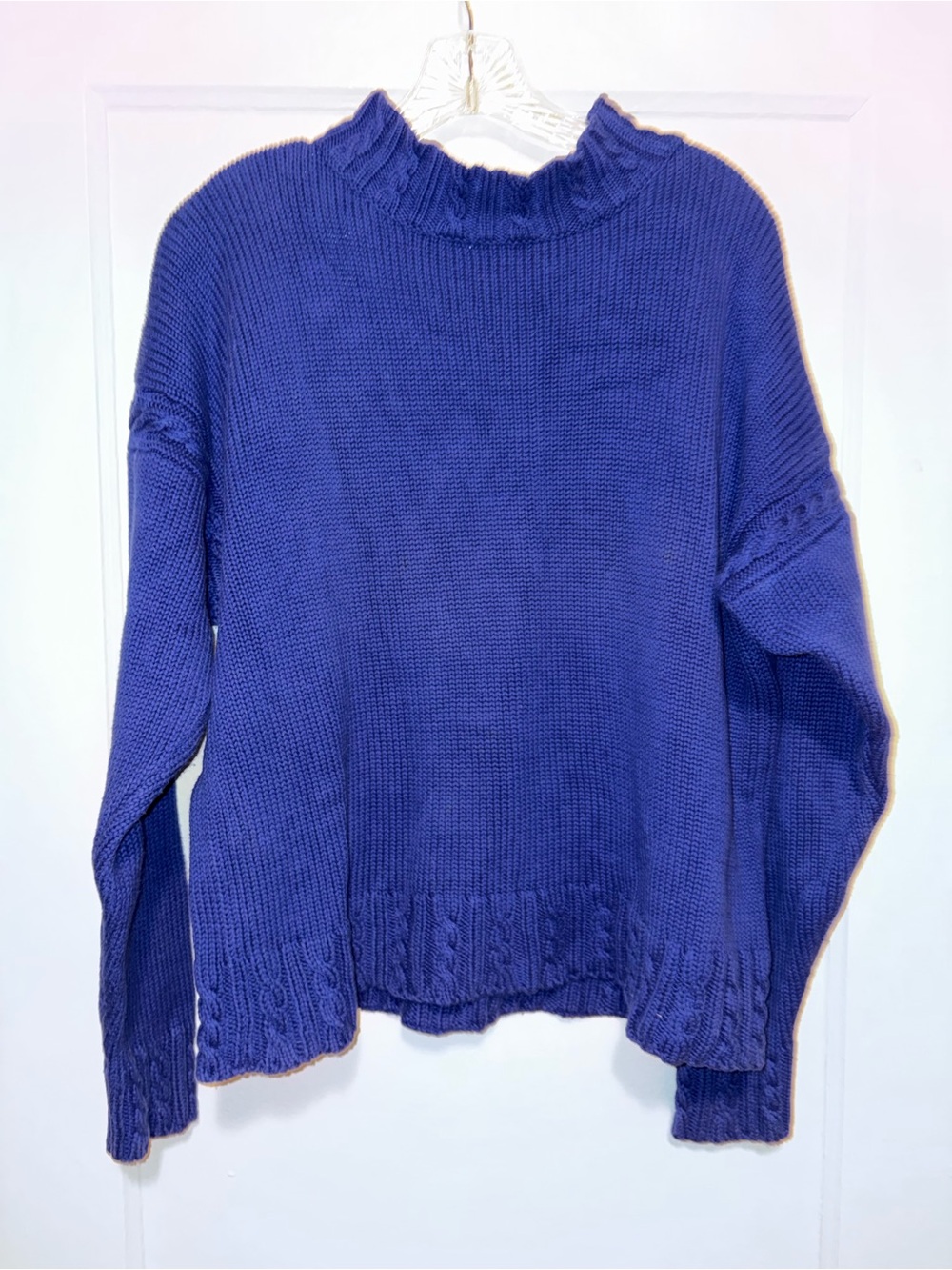 VTG 80s Eddie Bauer Cotton Chunky Cable Knit Sweater MockNeck Blue Purple Boxy L